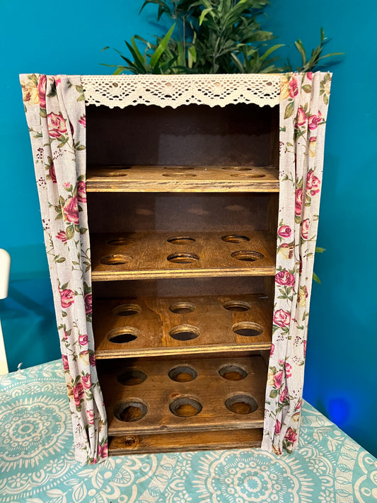 Egg box storage with lace and burlap flower curtain (for fresh eggs)